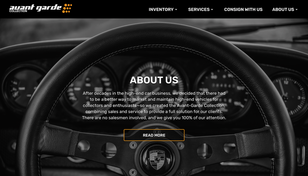 The About Us section of the Avant-Garde Collection homepage UI