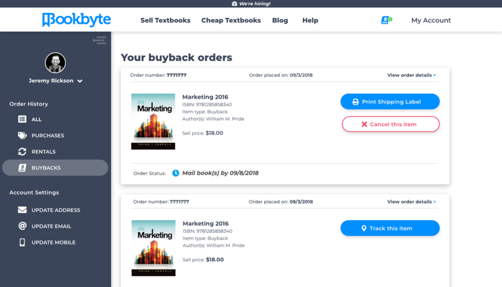 Bookbyte account page UI